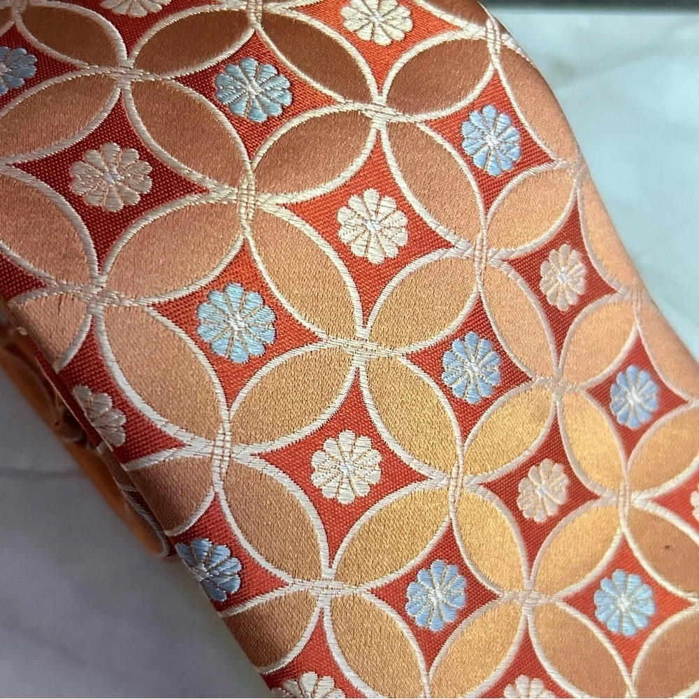 Ike Behar Silk Orange and Silver Geometric 62” Tie - Picture 2 of 3